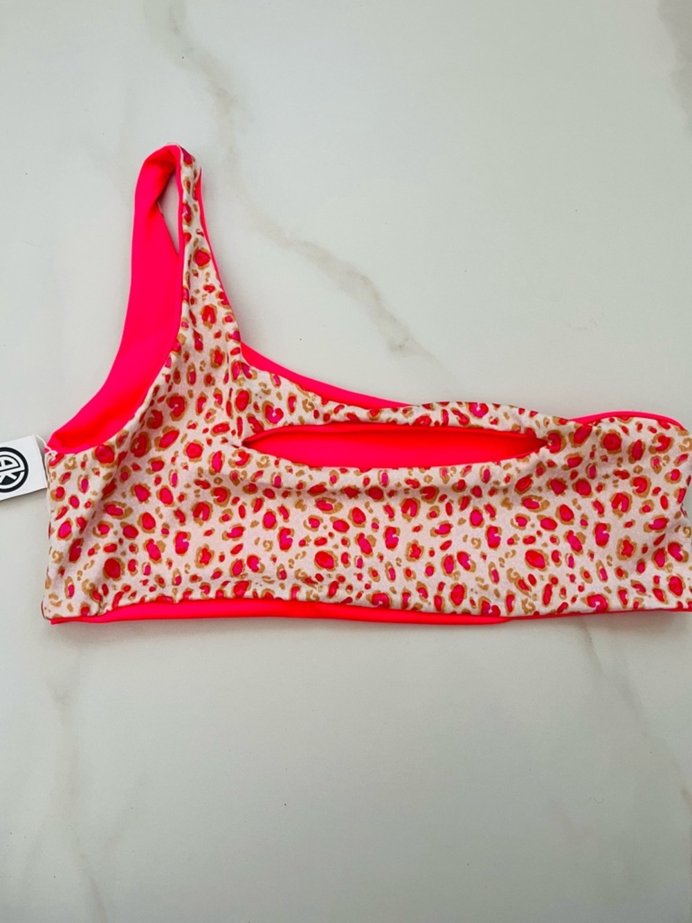 Neon Pink Leopard One-Shoulder Bikini Top cutout size L reversible
